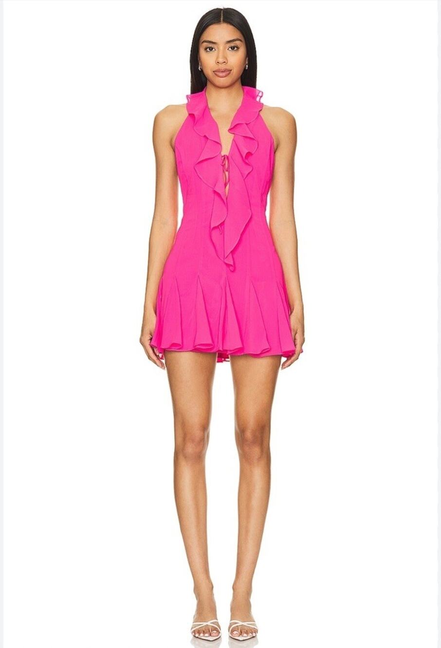 More To Come Rita Halter Ruffled Mini Dress In Hot Pink Sz XL Backless Lined